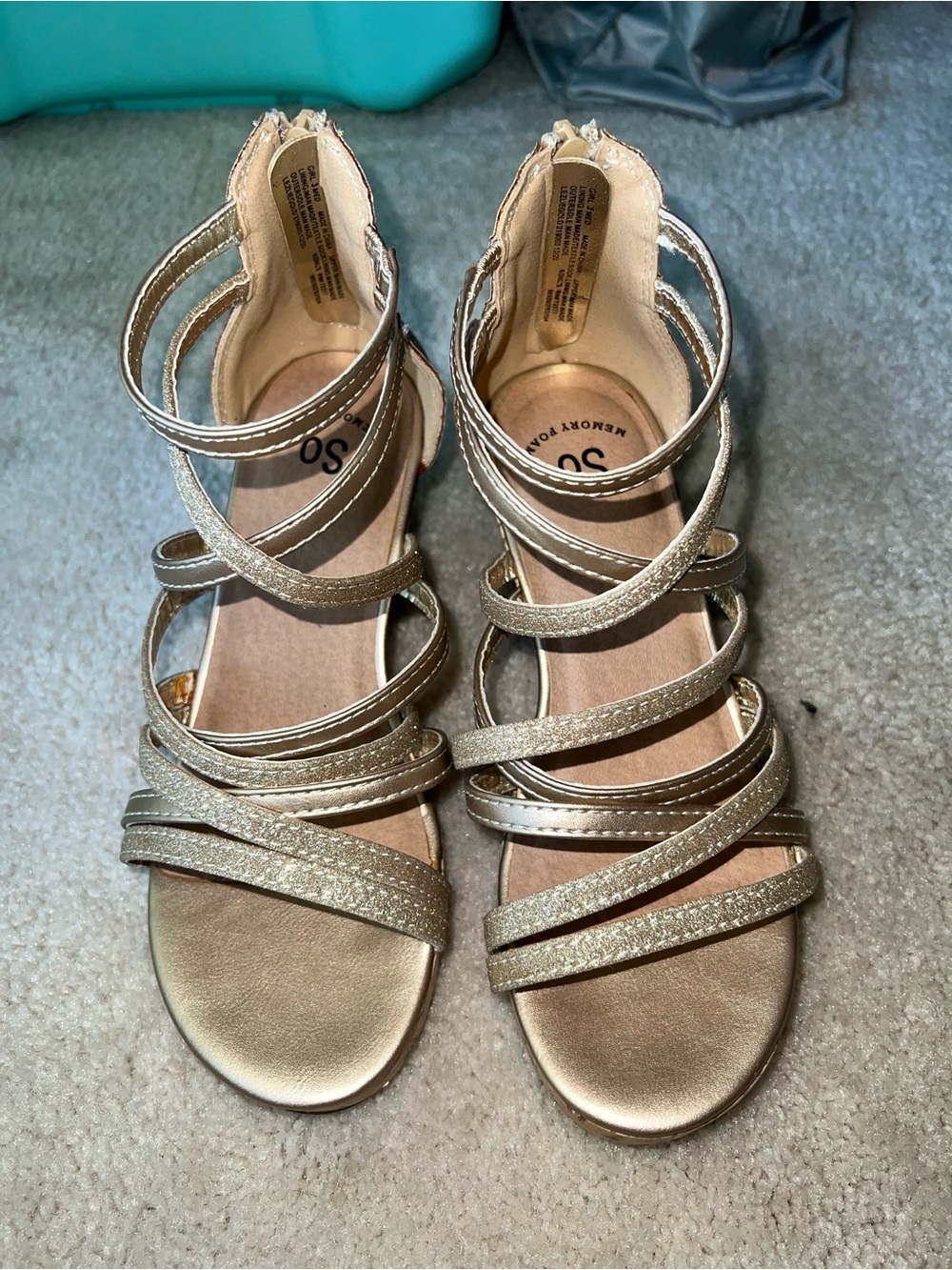 SO Metallic Gold Multi-Strap Gladiator Sandals w/Cork Wedge Teen Girls Sz 3